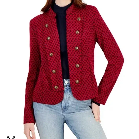 Tommy Hilfiger Women's Jacquard-Print Open-Front Jacket Large Red & Blue - Picture 1 of 10